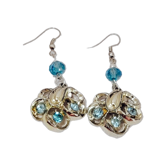 Vintage Victorian Style Silvertone Swirl Silver Blue Topaz Crystal Dang Earrings - Picture 4 of 4